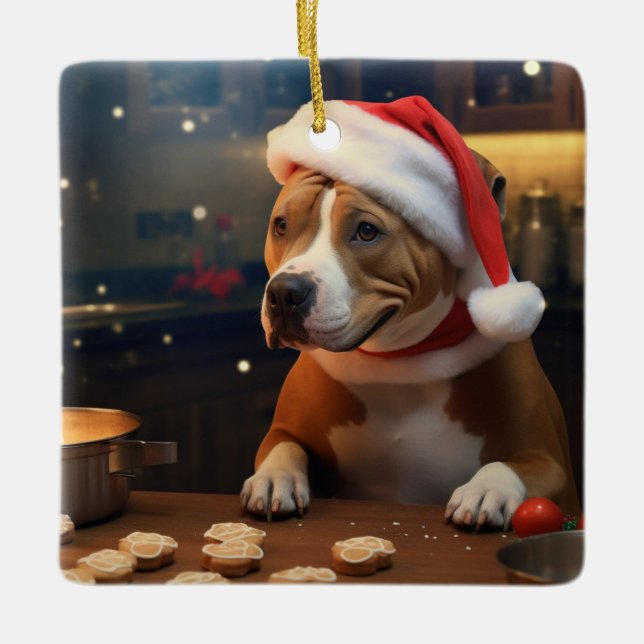 Pitbull Terrier Weihnachtskost Feiertag Keramikornament (Vorderseite)