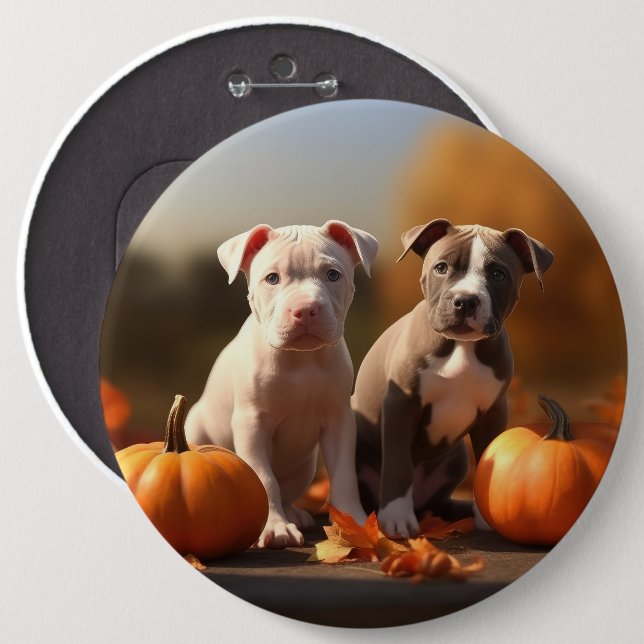 Pitbull Welpe Herbst Delight Pumpkin Button (Vorne & Hinten)