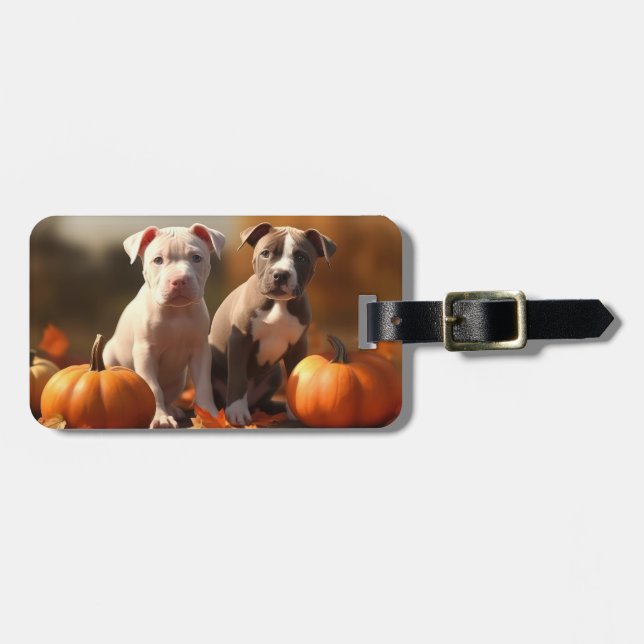 Pitbull Welpe Herbst Delight Pumpkin Gepäckanhänger (Vorderseite horizontal)