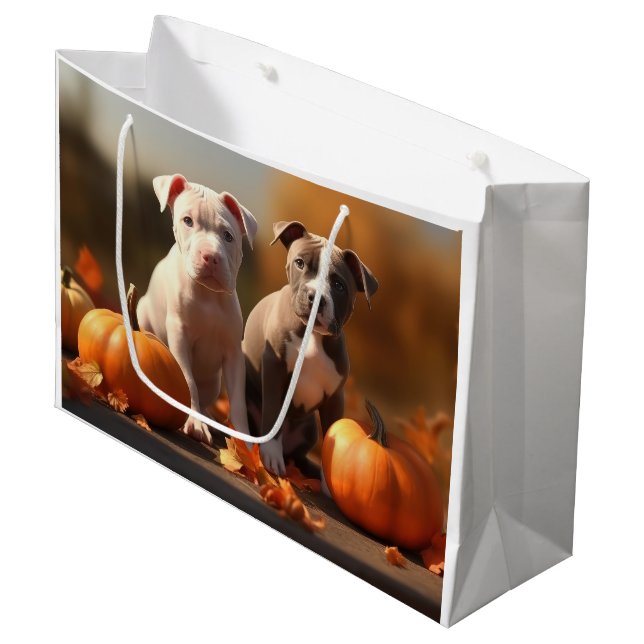 Pitbull Welpe Herbst Delight Pumpkin Große Geschenktüte (Vorderseite Schrägansicht)