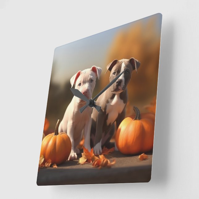 Pitbull Welpe Herbst Delight Pumpkin Quadratische Wanduhr (Winkel)