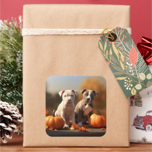 Pitbull Welpe Herbstfreude Kürbis Quadratischer Aufkleber