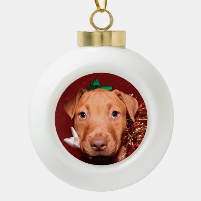 Pitbull Welpe Weihnachten Keramik Kugel-Ornament (Vorderseite)