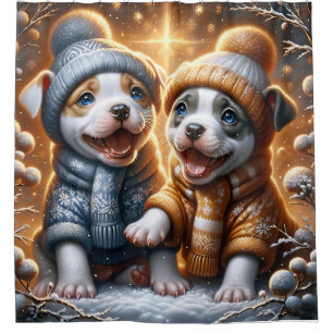 "Pitbull Welpen’ erster Schneefall" Duschvorhang