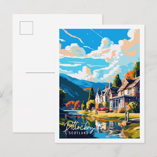 Pitlochry Scotland Vintage Illustration Postkarte (Vorne/Hinten)