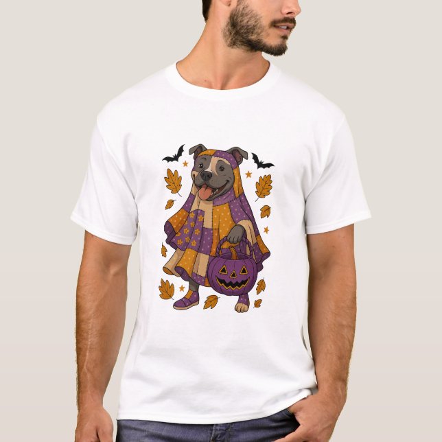 Pitpull Dog Ghost Halloween T-Shirt (Vorderseite)