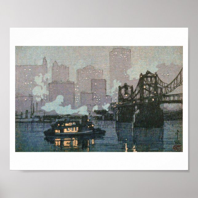 Pittsburgh bei Nacht, Hiroshi Yoshida, Woodcut Poster (Vorne)