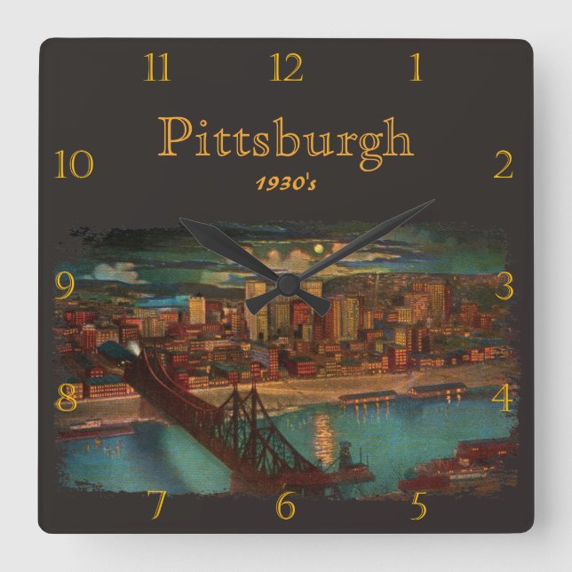 Pittsburgh By Moonlight 1930's Custom Quadratische Wanduhr (Vorderseite)