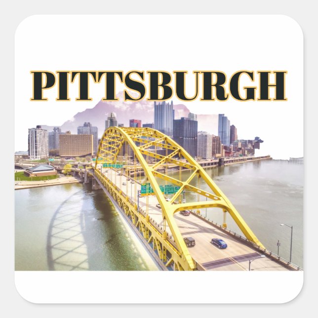 Pittsburgh Skyline und Fort Pitt Bridge Quadratischer Aufkleber (Vorderseite)