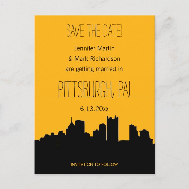 Pittsburgh Wedding Black and Gold Save the Date Ankündigungspostkarte (Vorderseite)