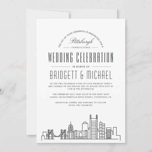 Pittsburgh Wedding | Moderner Deko Skyline Einladung (Vorderseite)