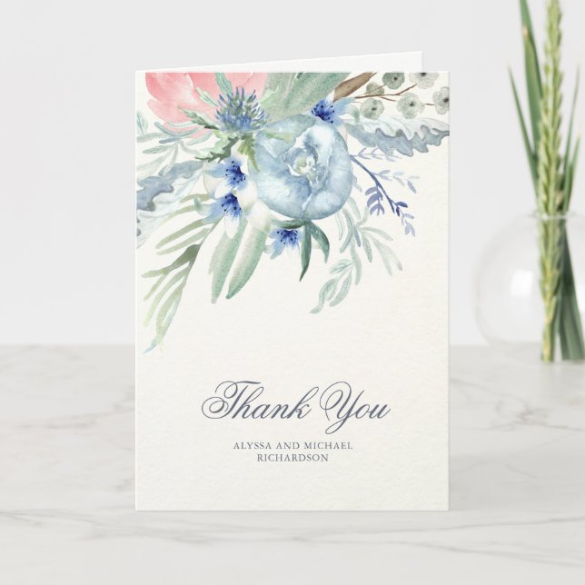 Pivoines aquarelles bleues et roses Merci (Devant)