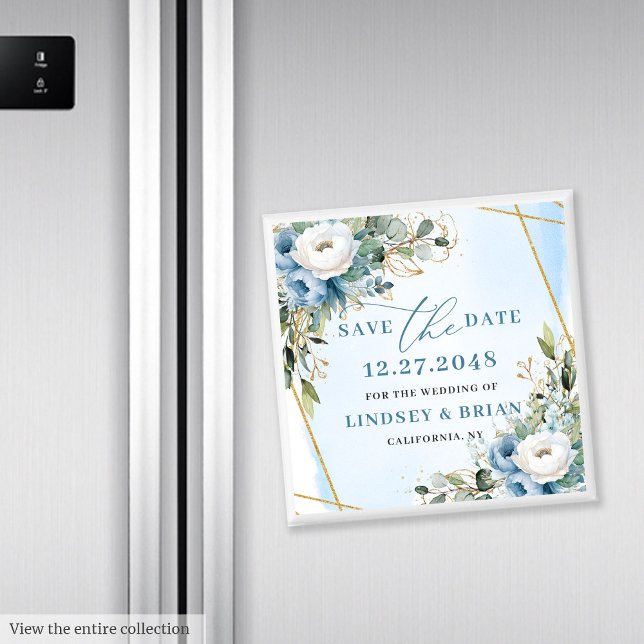 Pivoines Bleu Poussiéreux Modernes Magnet Métal Do (Modern Dusty Blue Peonies Gold Save the Date Magnet)