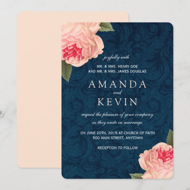 Pivoines et invitations de corail de mariage de (Devant / Derrière)