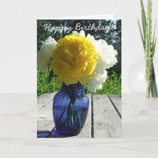 Pivoines jaunes dans la carte bleue de joyeux (Devant)