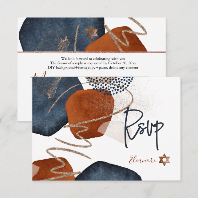 Pix Dezines Abstrakt UAWG Navy Kupfer Bat Mitzvah  RSVP Karte (Vorne/Hinten)