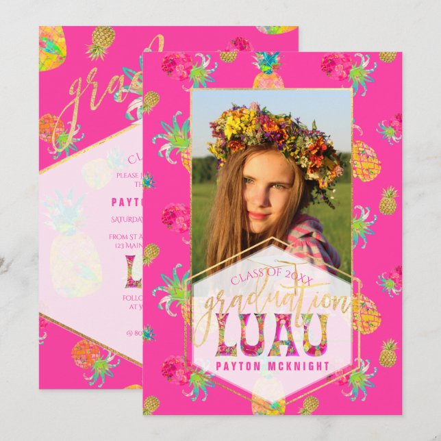 Pix Dezines Aloha Ananas Abschluss Luau Einladung (Vorne/Hinten)