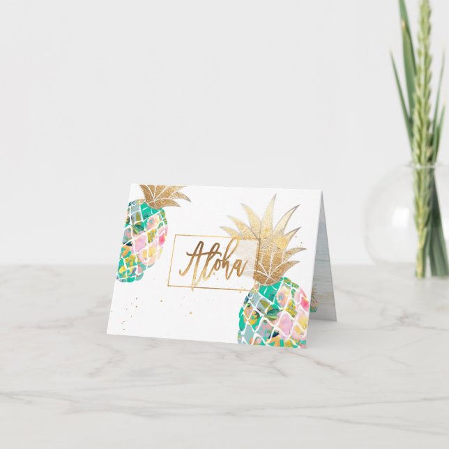 Pix Dezines Aloha Ananas, Aquamarine Grüne Imitat  Dankeskarte (Vorderseite)