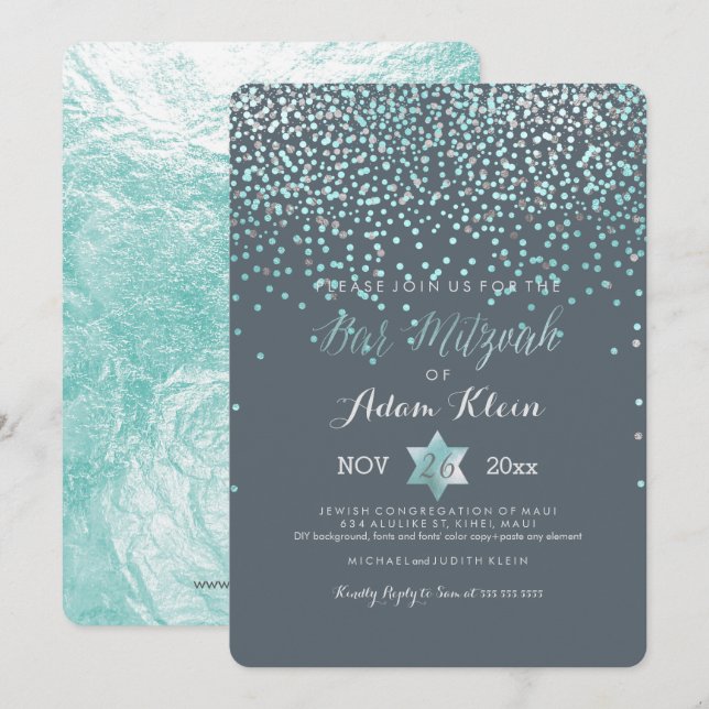 Pix Dezines Bar Mitzvah/Blauer Confetti Einladung (Vorne/Hinten)