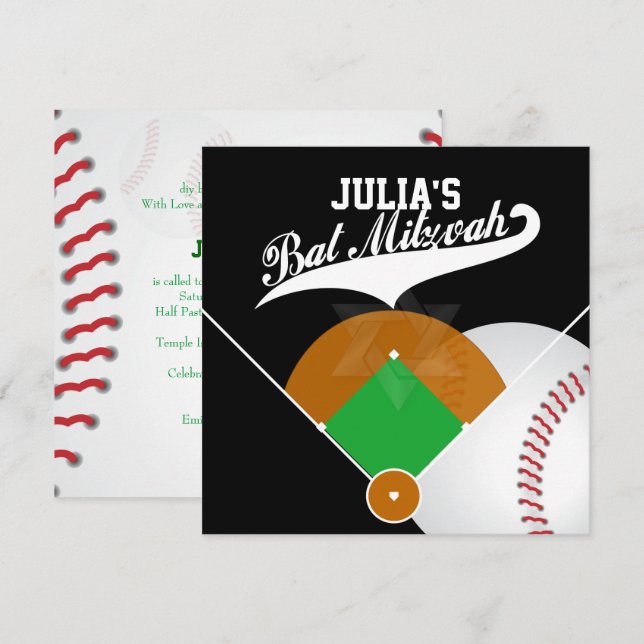 Pix Dezines ✡ Baseball Diamond/Bat Mitzvah Einladung (Vorne/Hinten)