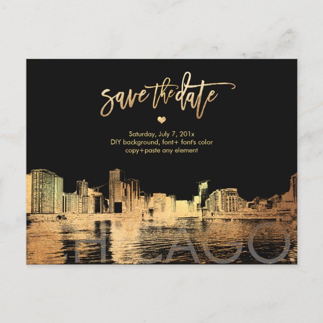 Pix Dezines/Chicago Save the Date/Imitats Gold Ankündigungspostkarte (Vorderseite)