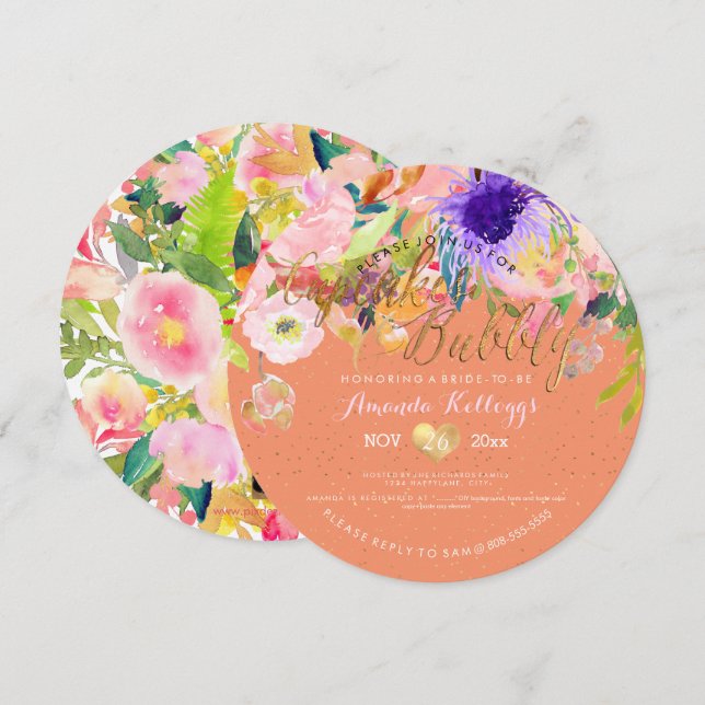 Pix Dezines Cupcakes & Bubbly Spring Floral Einladung (Vorne/Hinten)