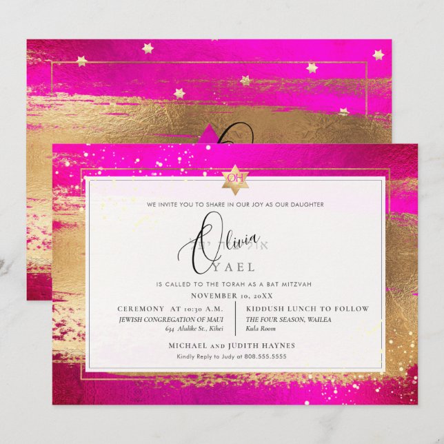 Pix Dezines FLASHY PINK GOLD BRUSHSTROKE Mitzvah Einladung (Vorne/Hinten)