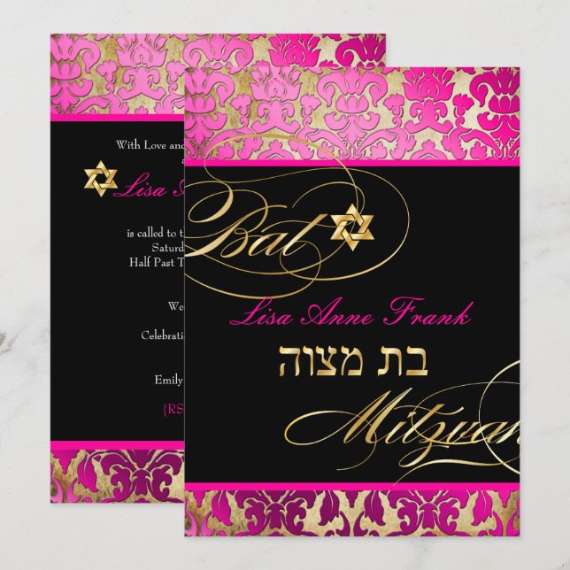 Pix Dezines Flora Damask, Bat Mitzvah Einladung (Vorne/Hinten)