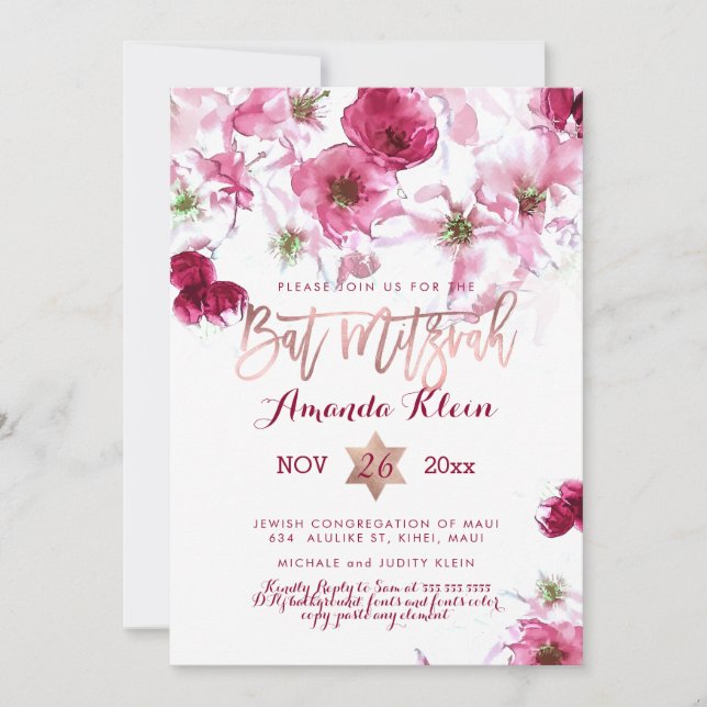 Pix Dezines Floral Watercolor Bat Mitzvah Einladung (Vorderseite)