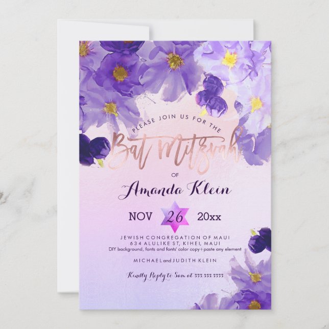 Pix Dezines Floral Watercolor Bat Mitzvah Einladung (Vorderseite)