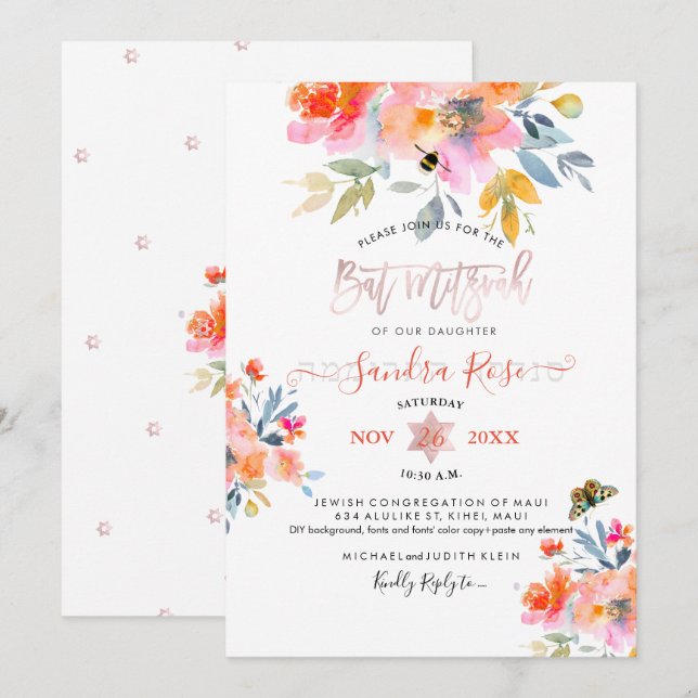 Pix Dezines Garden Rose Wasserfarben Bat Mitzvah Einladung (Vorne/Hinten)