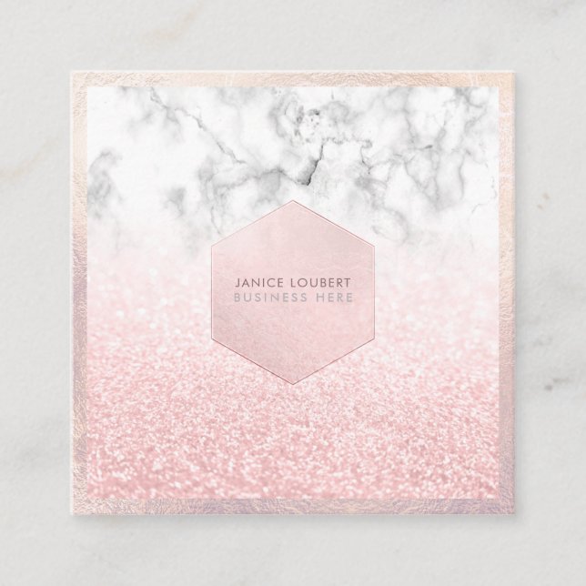 Pix Dezines Glam Imitats Glitzer, rosa Blush+Marmo Quadratische Visitenkarte (Vorderseite)