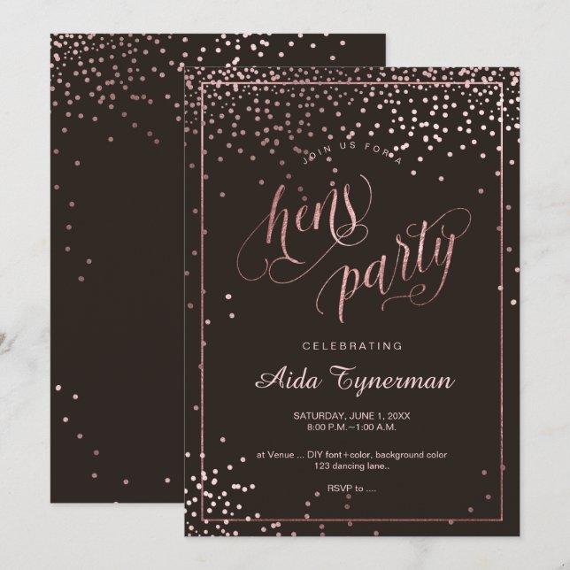 Pix Dezines Hens Party Imitate Rose Gold Confetti Einladung (Vorne/Hinten)