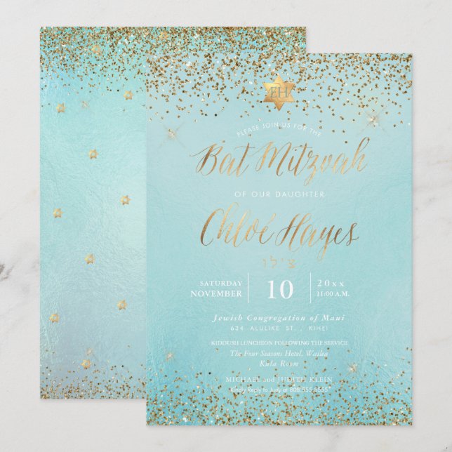 Pix Dezines Light Blue Gold Glitzer Bat Mitzvah Einladung (Vorne/Hinten)
