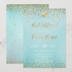 Pix Dezines Light Blue Gold Glitzer Bat Mitzvah Einladung