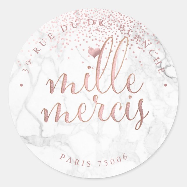 Pix Dezines Marble Imitats Rose Gold Mille Mercis Runder Aufkleber (Vorderseite)