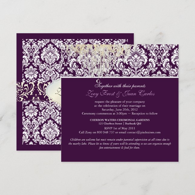 Pix Dezines Plum Moiré Damask/Crystal Chandelier Einladung (Vorne/Hinten)
