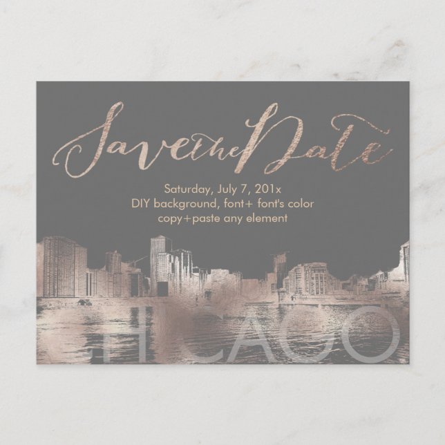 Pix Dezines/Rett Datum/Rose Gold/Chicago Ankündigungspostkarte (Vorderseite)