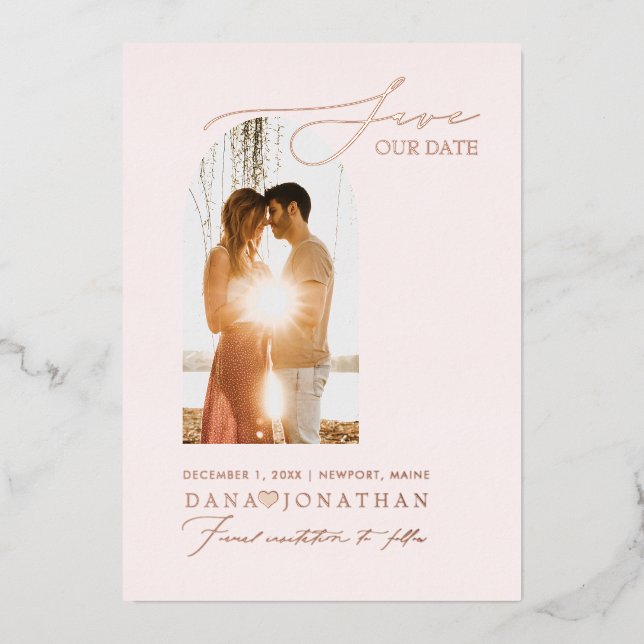 Pix Dezines Rettete unser Date Luxe Calligraphy Fo Folieneinladung (Vorderseite)