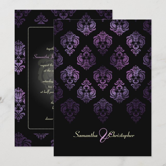Pix Dezines Rossellini Damask, Lavendel/Schwarz Einladung (Vorne/Hinten)