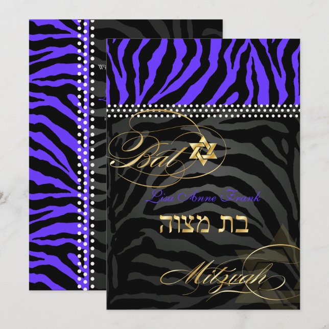 Pix Dezines Royal Lila Zebra Streifen, Bat Mitzvah Einladung (Vorne/Hinten)