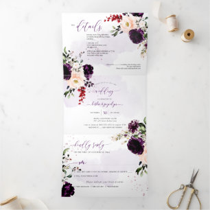 Pix Dezines Rustic H2 Eggplant Burgund Blume Dreifach Gefaltete Einladung