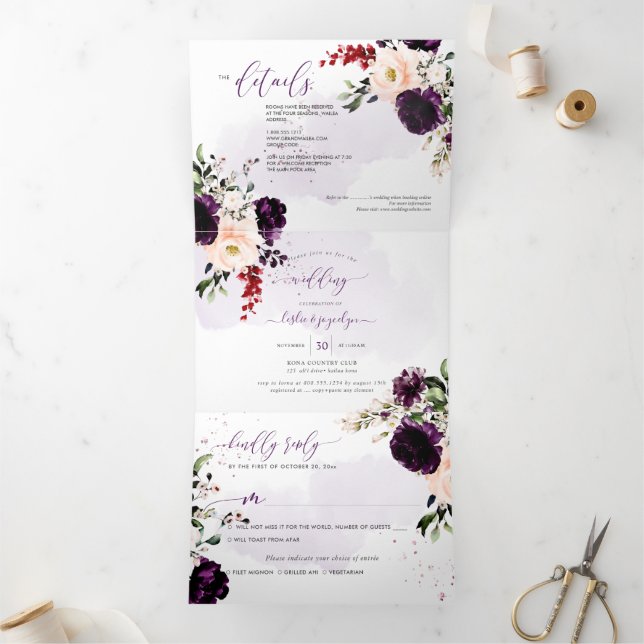 Pix Dezines Rustic H2 Eggplant Burgund Blume Dreifach Gefaltete Einladung (Innenseite)