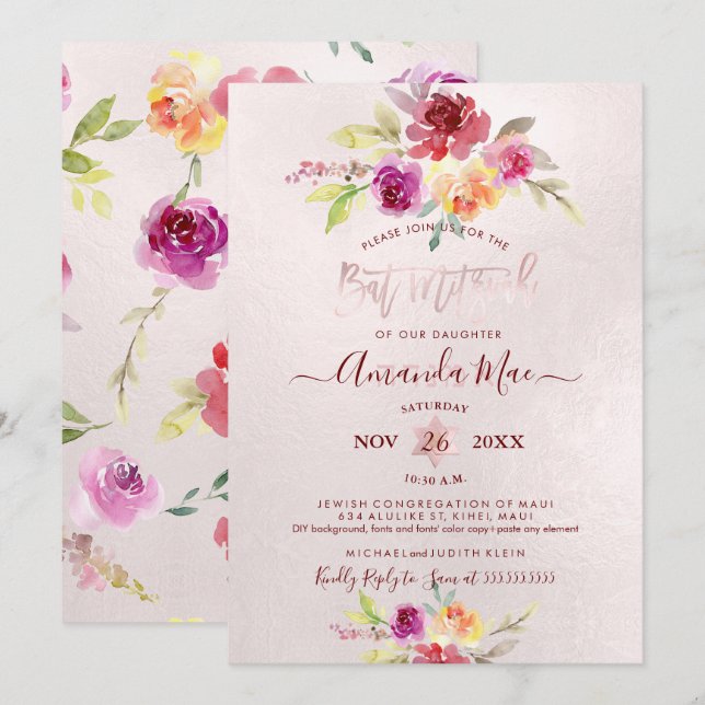 Pix Dezines Summer Rose Aquarell Bat Mitzvah Einladung (Vorne/Hinten)