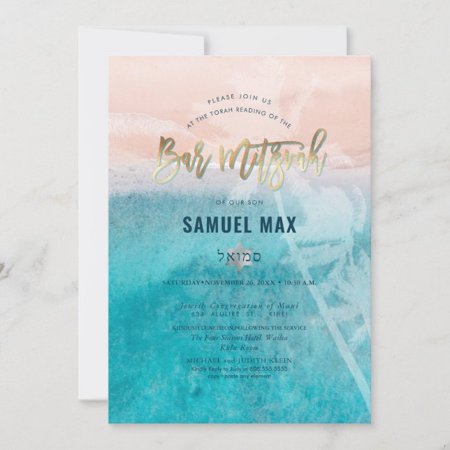 Pix Dezines surft hoch, Palmen, Strand Bar mitzvah Einladung (Vorderseite)
