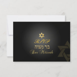 Pix Dezines uAwg Star, Bar Mitzvah/Schwarz+Gold RSVP Karte