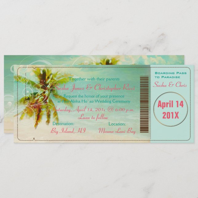 Pix Dezines Vintag Beach Boarding Pass Einladung (Vorne/Hinten)