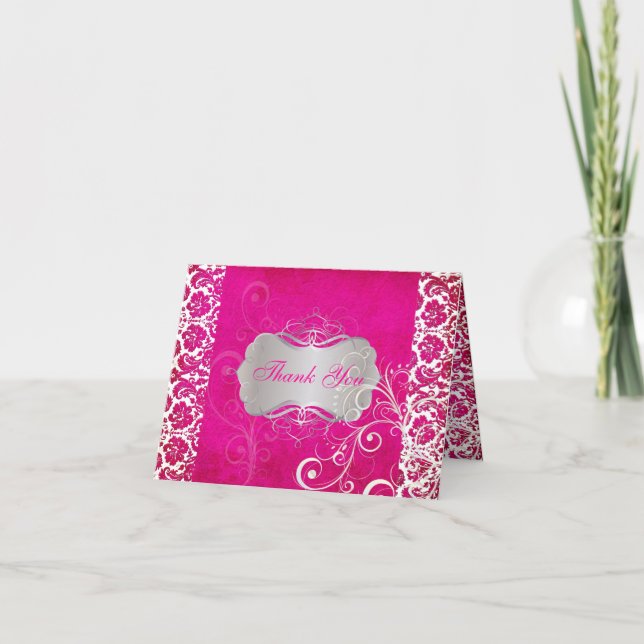 Pix Dezines Vintag Grunge Damask / Hot Pink Dankeskarte (Vorderseite)