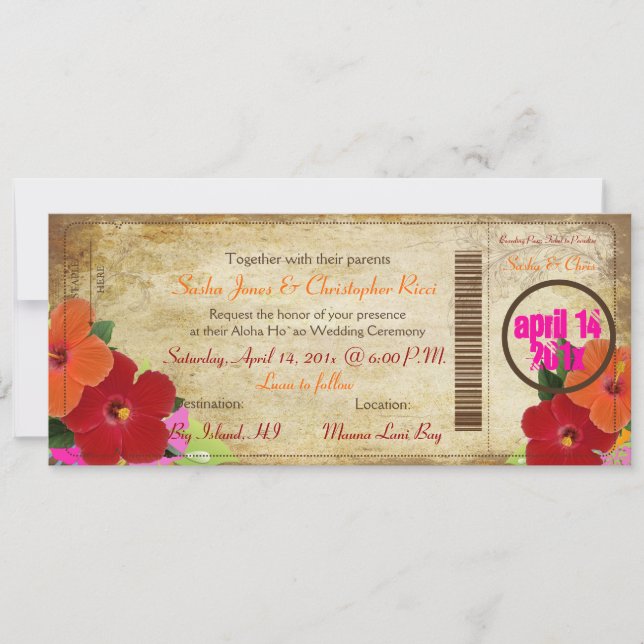 Pix Dezines Vintager Boarding Pass/Hibiskus Einladung (Vorderseite)