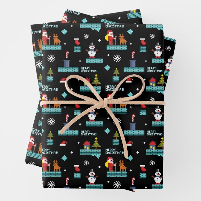 Pixated Frohe Weihnachtsmuster - Retro Design Geschenkpapier Set (Beispiel)